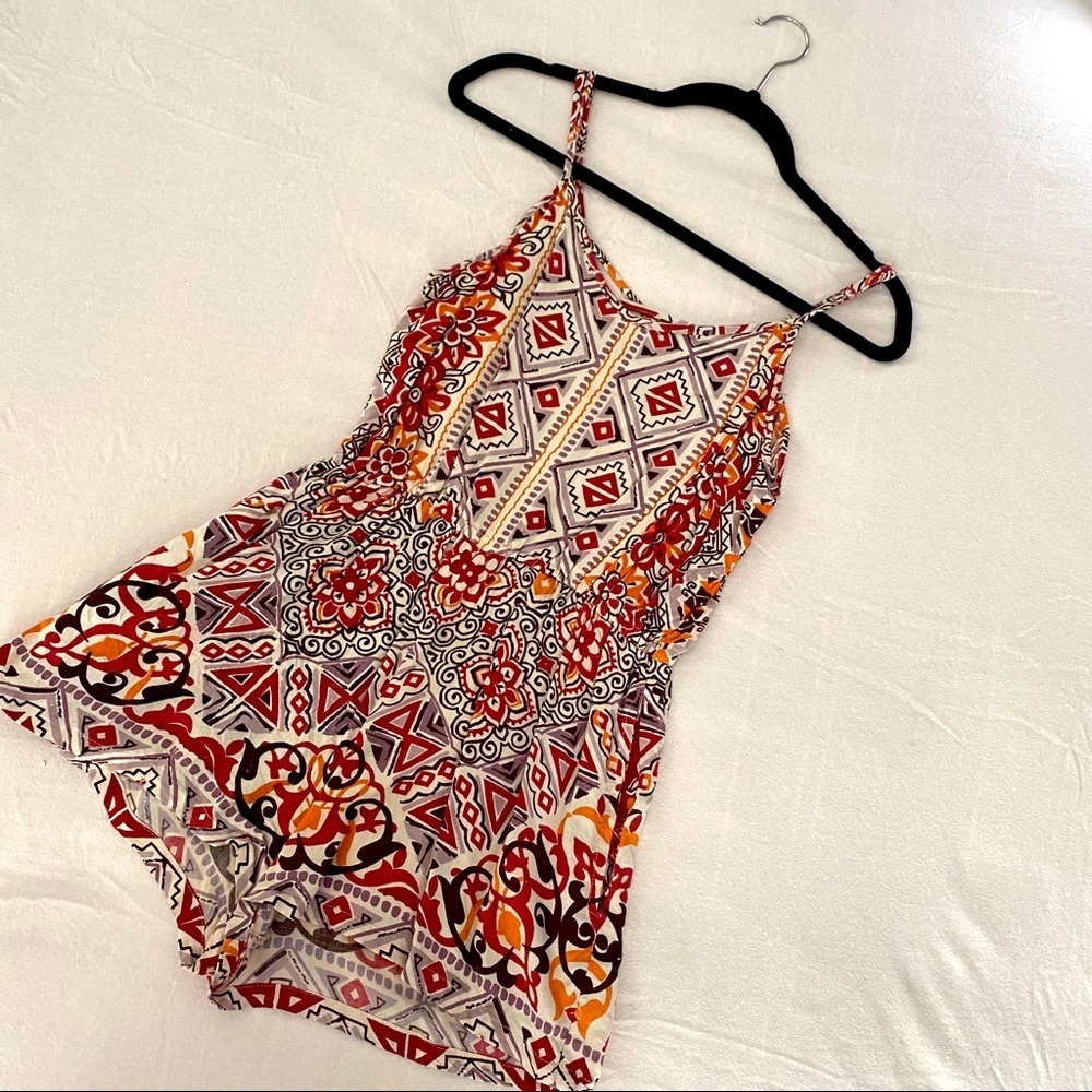 Orange Red Aztec Print Tank top Romper with Pocket